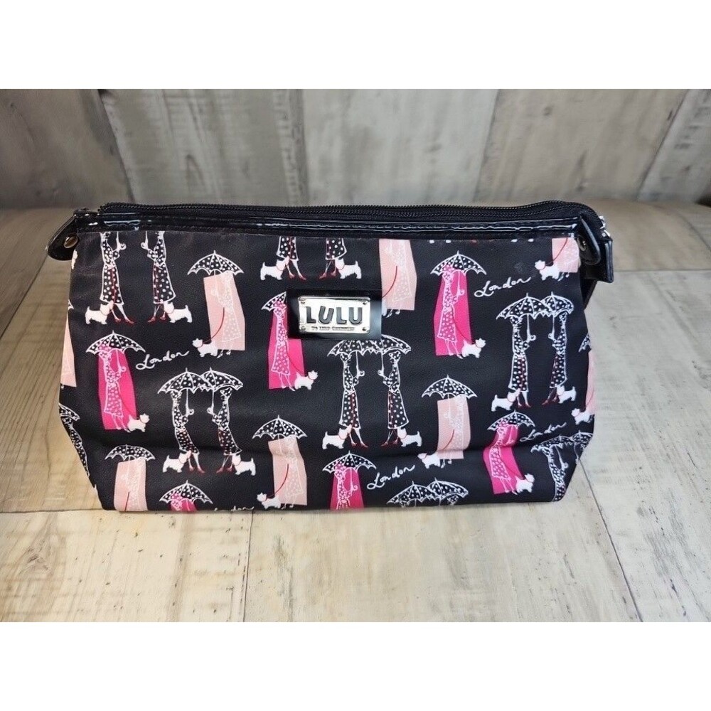 Lulu Guinness London Clutch Cosmetic Bag Poodle Umbrella Print Black Pink Zip